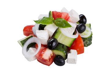 rustic tomato and cucumber salad with feta cubes and olives, on a white background