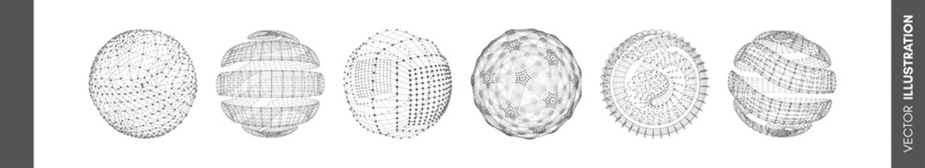 Sphere with connected lines and dots. Wireframe illustration. Abstract 3d grid design. Technology style.