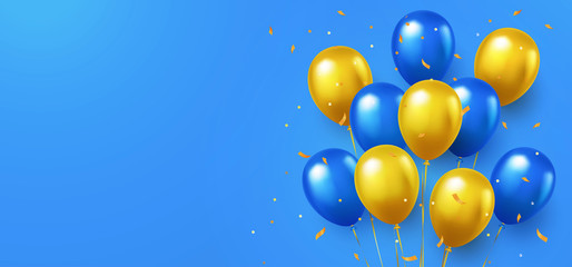 Formal greeting design in national blue and yellow colors with realistic flying helium balloons. Celebration, festival background, greeting banner, card, poster.