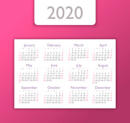 Vector calendar 2020 year. Week starts from Sunday