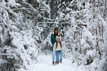 Young family for a walk. Mom and daughter are walking in a winter park.