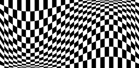 Distortion effects on checkered pattern, monochrome black and white EPS10 vector background.