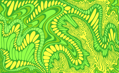 Colorful in green and yellow palete colors fantasy abstract doodle line pattern. Vector hand drawn psychedelic ornament illustration.
