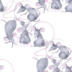 Seamless watercolor pattern with cute little rats. New Year's background. A cartoon characters. Animal symbol of new year 2020.