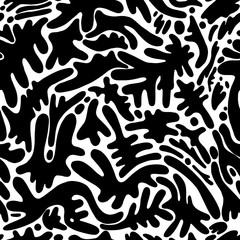 Abstract cartoon black and white pattern, with decorative many different shape spots, seamless pattern, isolated on white background. Doodle style design