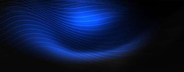 Smoky glowing waves in the dark. Dark abstract background with neon color light and wavy lines. Vector