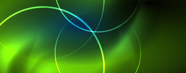 Trendy neon blue abstract design with waves and circles. Neon light glowing effect. Abstract digital background.