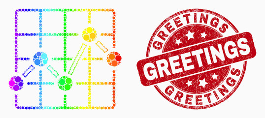 Dot bright spectral chart grid mosaic pictogram and Greetings seal stamp. Red vector rounded scratched seal with Greetings caption. Vector composition in flat style.