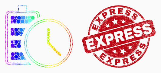 Pixel spectrum battery charge time mosaic pictogram and Express seal stamp. Red vector rounded distress seal stamp with Express text. Vector combination in flat style.