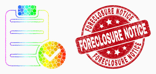Dotted rainbow gradiented accept pad text mosaic icon and Foreclosure Notice stamp. Red vector rounded scratched stamp with Foreclosure Notice caption. Vector combination in flat style.