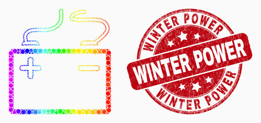 Dot rainbow gradiented accumulator battery mosaic pictogram and Winter Power seal stamp. Red vector round distress stamp with Winter Power title. Vector composition in flat style.