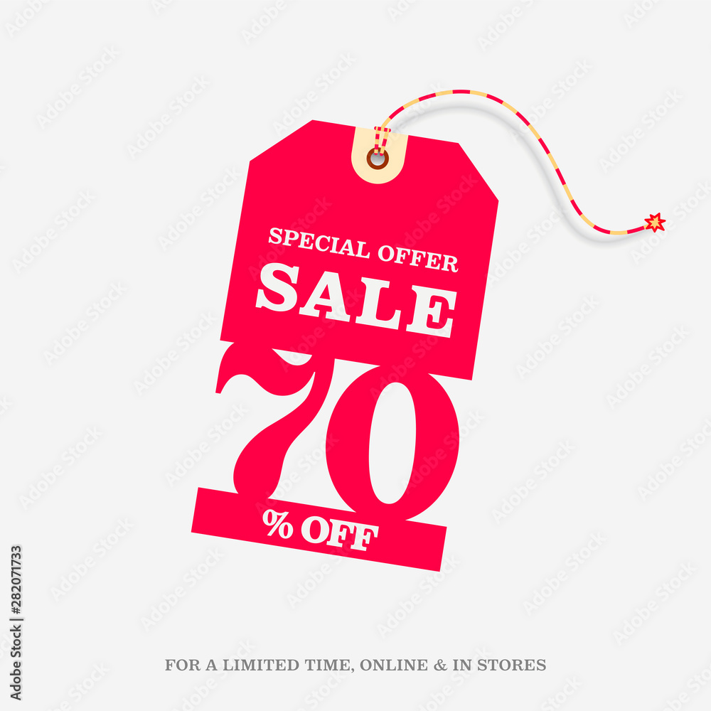 Canvas Prints 70% off sale price tag. red label web banner design template. 70% sale limited time online and in st