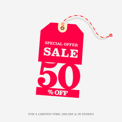 50% OFF SALE Price Tag. Special Offer Discount Web Banner Design Template. 50% Sale Limited Time Online and in Stores Promo Marketing Campaign Message Vector Design Illustration