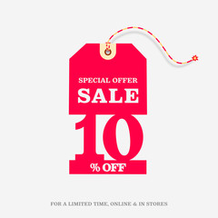 10% OFF SALE Price Tag. Special Offer Discount Web Banner Design Template. 10% Sale Limited Time Online and in Stores Promo Marketing Campaign Message Vector Design Illustration