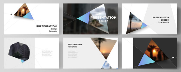 The minimalistic abstract vector layout of the presentation slides design business templates. Creative modern background with blue triangles and triangular shapes. Simple design decoration.