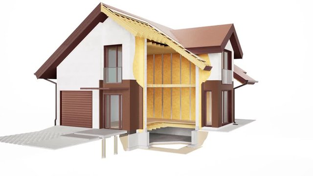  Visible structures, insulation and finishing on cross section of house. Red bricks. 60 fps animation.