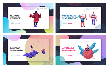 Fototapeta na wymiar Knitting Hobby Website Landing Page Set. Tiny Female Characters Doing Knitwork Activity with Huge Needles and Clew. Girls with Knit Warm Clothes Web Page Banner. Cartoon Flat Vector Illustration