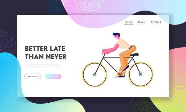 Bike Rider Website Landing Page, Man Cyclist Riding Bike Outdoors, Bicycle Active Sport Life and Healthy Lifestyle Activity, City Ecology Transport Web Page. Cartoon Flat Vector Illustration, Banner