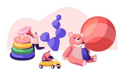Tiny Male and Female Characters Playing with Different Playthings for Children