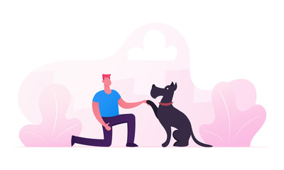 Happy Man Playing with Dog on Street in Park Having Leisure. Male Character Spend Time with Domestic Animal. Dog Giving Paw to Owner, Friendship Lifestyle Relation Cartoon Flat Vector Illustration