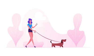 Woman Walking with Dog Outdoors at Summertime