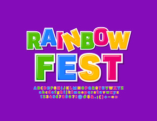 Vector colorful poster Rainbow Fest. Modern glossy Font. Bright Alphabet Letters, Numbers and Symbols