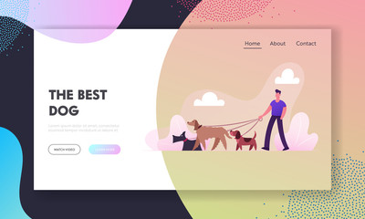 Breeder Walking with Dogs Team Website Landing Page. People Spending Time with Pets Outdoors Relaxing in Park. Leisure Care of Animals Outdoor Activity Web Page Banner Cartoon Flat Vector Illustration