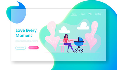 Maternity Childhood Website Landing Page. Young Woman Sitting on Bench with Baby Stroller Lulling Child in City Park. Mother Walking with Newborn Kid Web Page Banner. Cartoon Flat Vector Illustration