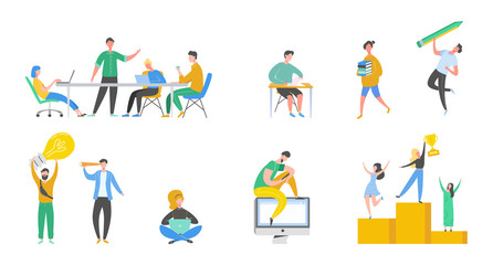 Fototapeta na wymiar Collection of scenes at office. Set of men and women taking part in negotiation, business meeting, brainstorming, working, talking. Colorful vector illustration in flat cartoon style.