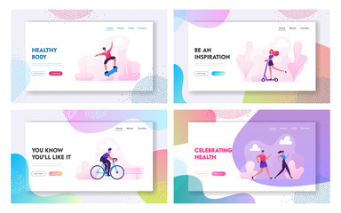 Sports Activity Website Landing Page Set. Man Driving Bicycle, Teen Skateboard Stunts, People Running in Park, Woman Riding Scooter Healthy Lifestyle Web Page Banner. Cartoon Flat Vector Illustration