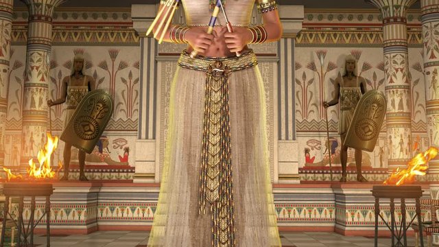 Beautiful last Egyptian Princess, Queen, Pharaoh, Cleopatra, in a richly decorated temple, holding her signs of power, 4K, 3d render
