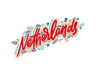 Netherlands. Name country word text card, banner script.Typography inscription greeting calligraphy poster black, gold ribbon, star. Handwritten design modern brush lettering isolated vector.