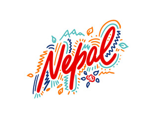 Nepal. Name country word text card, banner script. Beautiful typography inscription greeting calligraphy poster black, gold ribbon, star. Handwritten design modern brush lettering isolated vector.