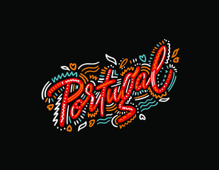 Portugal. Name country word text card, banner script. Beautiful typography inscription greeting calligraphy poster black, gold ribbon, star. Handwritten design modern brush lettering isolated vector.