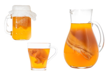 Homemade fermented drink Kombucha in a glass jug and jar. Isolated on white background