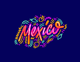Mexico. Name country word text card, banner script. Beautiful typography inscription greeting calligraphy poster black, gold ribbon, star. Handwritten design modern brush lettering isolated vector.