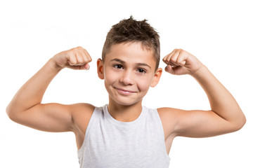 athlete boy raised his hands and shows biceps, winner and leader, on a white background