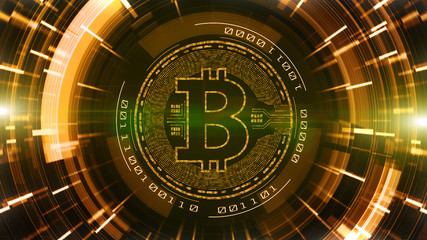 Bitcoin currency sign in digital cyberspace. Technology Network and Internet marketing, Money Exchange background concept