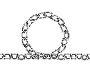 Realistic metal chain texture. Silver color chains link isolated on white background. Strong iron chainlet solid three dimensional design element.