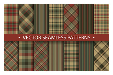 Set plaid pattern seamless. Tartan patterns fabric texture. Checkered geometric vector background. Scottish stripe blanket backdrop