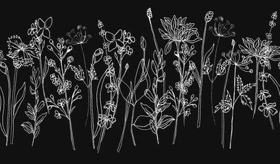 Hand draw ink wildflowers, wallpaper border, pattern black - obrazy, fototapety, plakaty