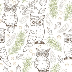 Fototapeta premium Hand drawn forest owls.Vector seamless pattern