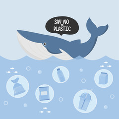 Stop ocean plastic pollution. Plastic garbage and whale in the ocean. 