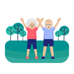 Senior couple is exercising in park.