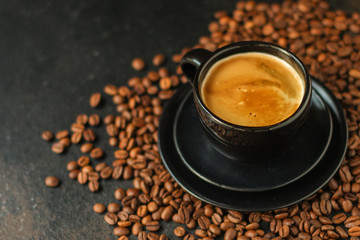coffee freshly brewed in a white cup serving of beverage (coffee grain). food. top. copy space