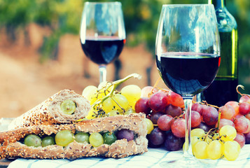 sandwich with green grapes on table in vineyard