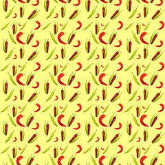 Fototapeta na wymiar Seamless pattern red and green peppers on yellow background. Illustration for Your Design, Wrapping Paper, Web, Wallpaper, Fabric