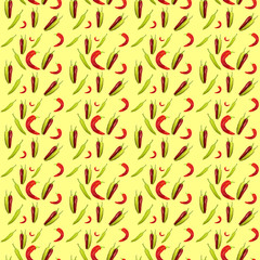 Seamless pattern red and green peppers on yellow background. Illustration for Your Design, Wrapping Paper, Web, Wallpaper, Fabric