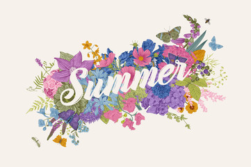 Summer. Decorative floral element. Garden flowers. Vintage vector botanical illustration. Colorful
