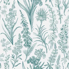  Lovely Garden. Vintage seamless pattern. Spring and summer garden flowers. Emerald and white. Toile de Jouy. .. © OlgaKorneeva